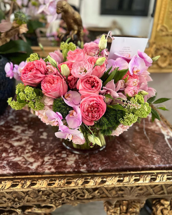 Designer’s Choice Soft and Blush floral arrangement, featuring a delicate mix of pastel blooms, perfect for weddings, anniversaries, or expressing love, available for same-day delivery in Los Angeles.