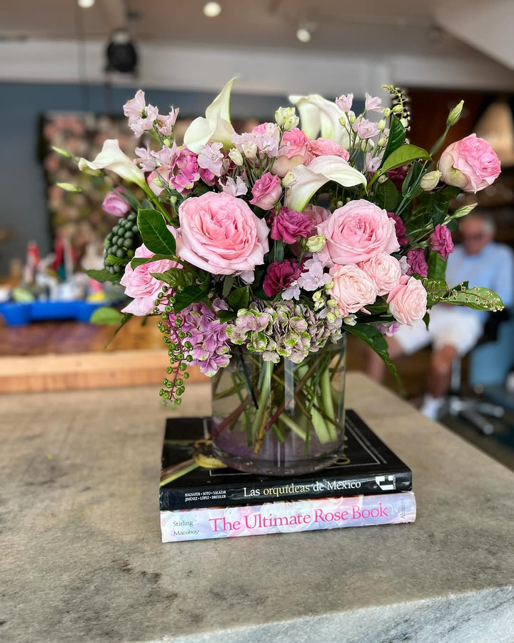 Designer’s Choice Soft and Blush floral arrangement, featuring a delicate mix of pastel blooms, perfect for weddings, anniversaries, or expressing love, available for same-day delivery in Los Angeles
