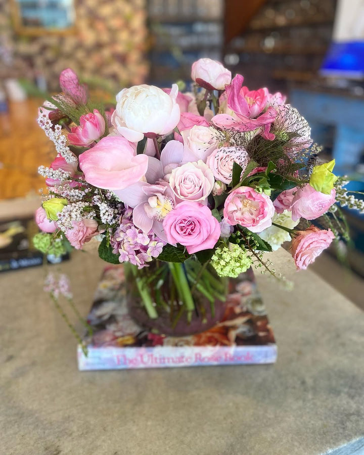 Designer’s Choice Soft and Blush floral arrangement, featuring a delicate mix of pastel blooms, perfect for weddings, anniversaries, or expressing love, available for same-day delivery in Los Angeles.