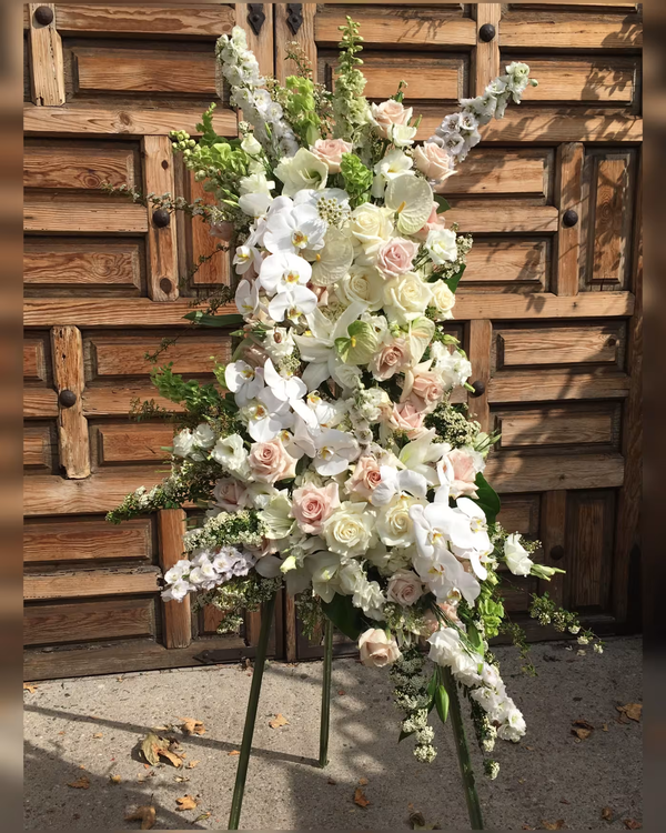 Gentle Solace funeral floral arrangement, a soothing and elegant tribute with soft blooms, perfect for memorials, funerals, and honoring a loved one, available for same-day delivery in Los Angeles