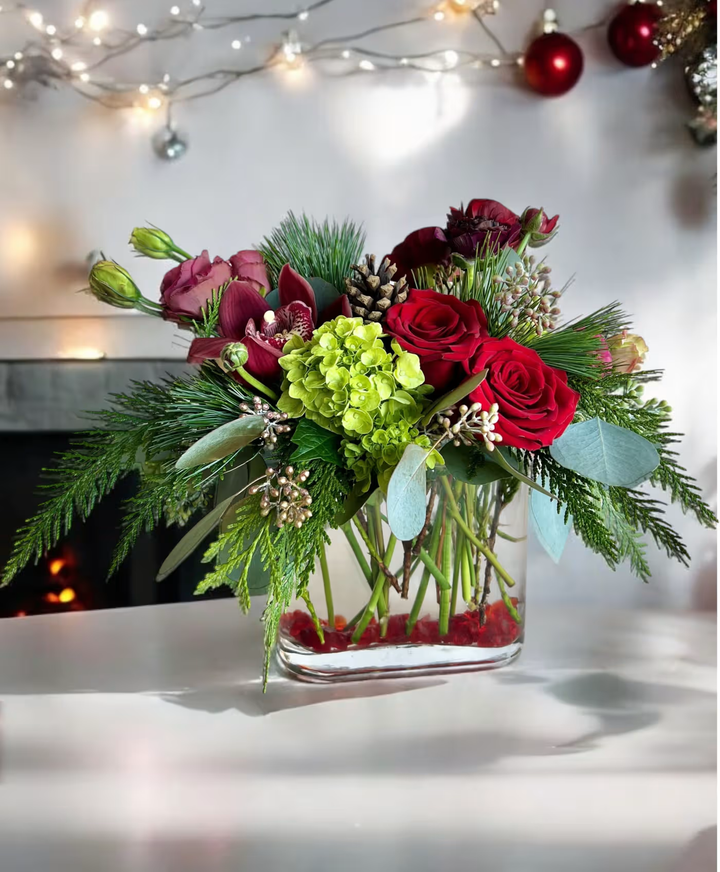 Merry and Bright Red Roses floral arrangement, featuring vibrant red roses, perfect for Christmas, Valentine's Day, or any joyful occasion, available for same-day delivery in Los Angeles