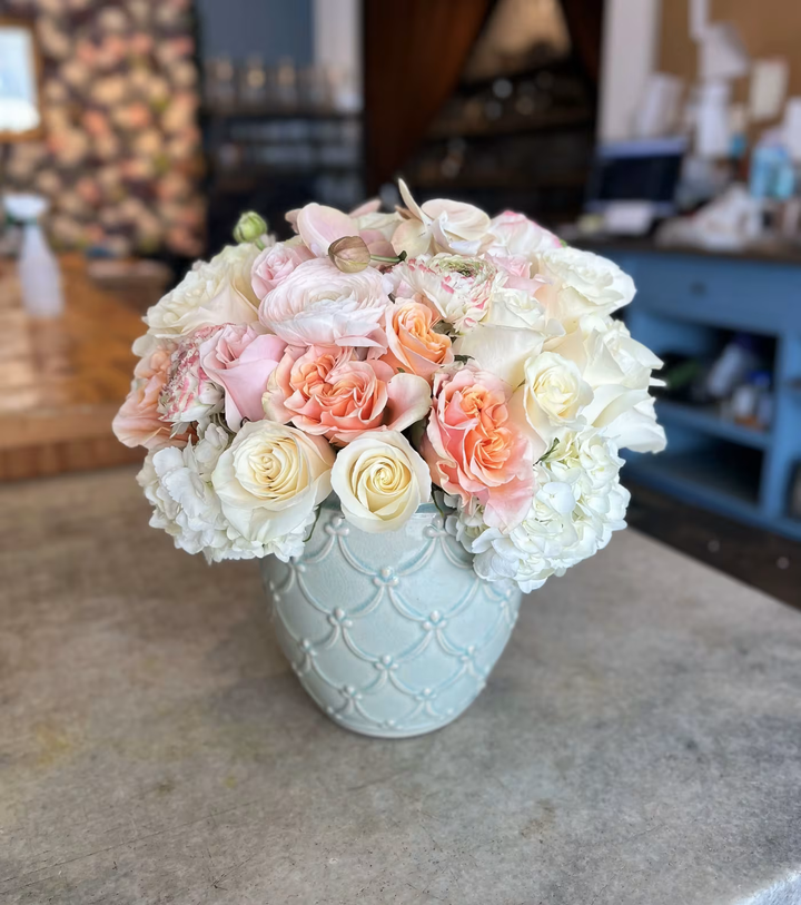 Misty Blue floral arrangement ideal for birthdays, featuring elegant blue blooms, available for same-day delivery from a Los Angeles florist