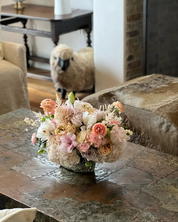 Designer’s Choice white and pink standard floral arrangement, available for same-day delivery in West Los Angeles.